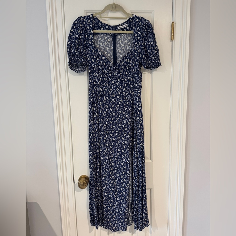 Reformation Navy and White Floral Puff Sleeve Midi Dress